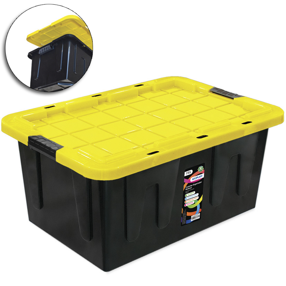 CAIXA ORGANIZADOR CONTAINER DE PLASTICO RETANGULAR EMPILHAVEL PRETO COM TAMPA + TRAVA E ALCA 110L 78X51X36CM