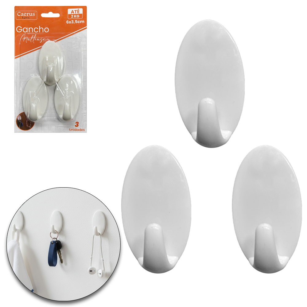 CABIDE GANCHO DE PLASTICO OVAL AUTOADESIVO COM 3 PECAS 6X3,5X2,5CM