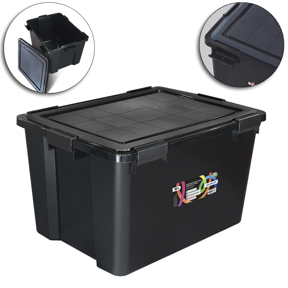 CAIXA ORGANIZADOR CONTAINER DE PLASTICO RETANGULAR EMPILHAVEL PRETO COM TAMPA + TRAVA E ALCA 80L 60X44X35CM