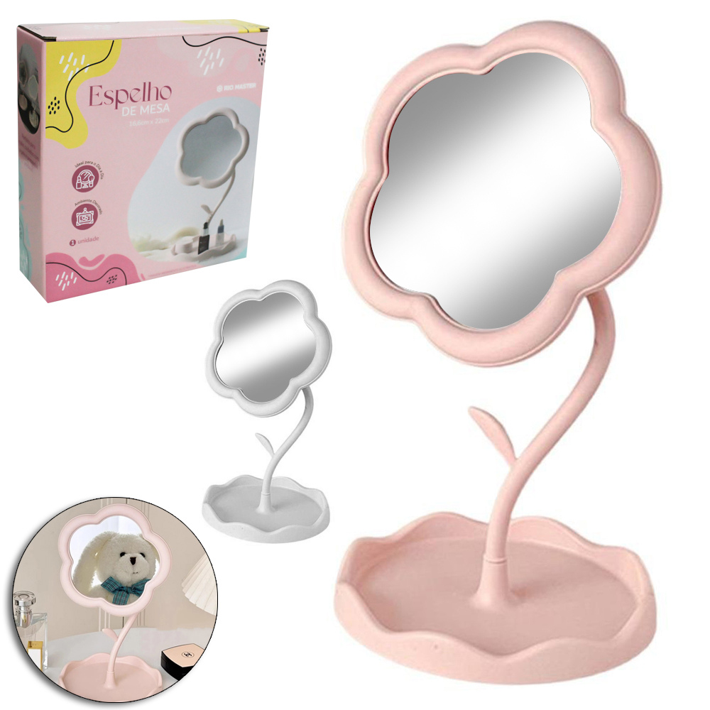 ESPELHO DE MESA FLOR COM BASE PORTA JOIAS + GANCHO DE PLASTICO 22X16,6CM