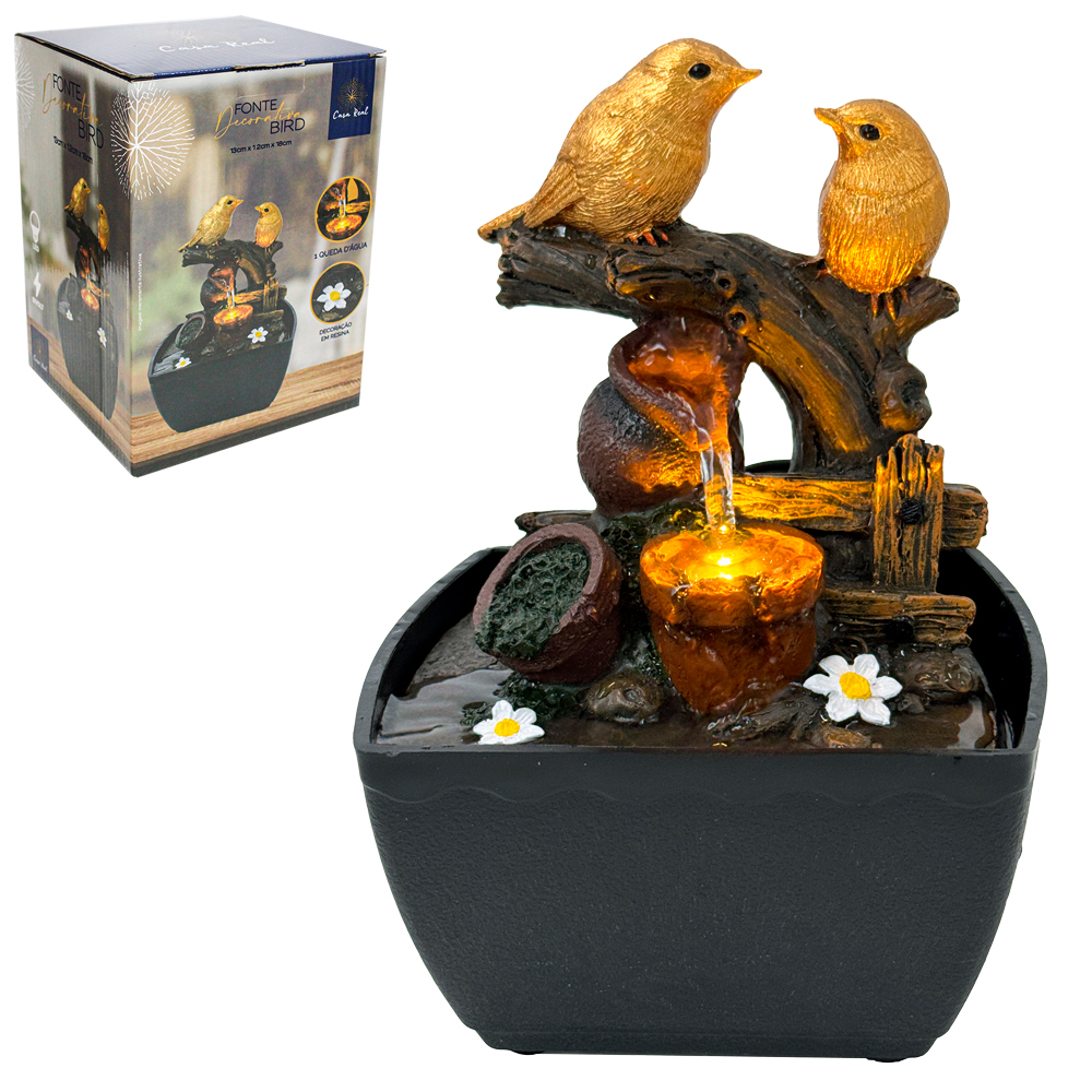 FONTE DE AGUA DECORATIVA BIRD 1 QUEDA COM LED CASAL REAL BIVOLT 18X13X12CM