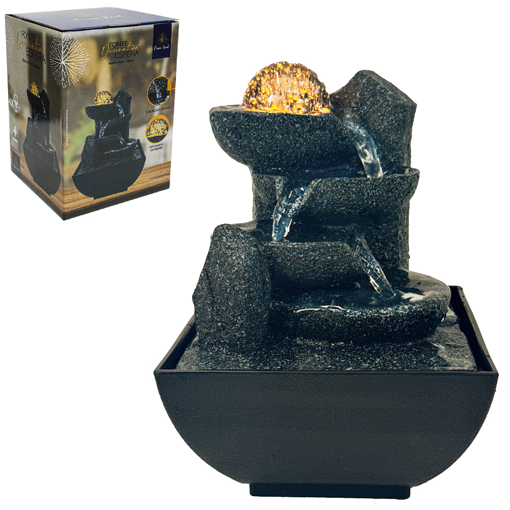 FONTE DE AGUA DECORATIVA ESFERA 3 QUEDAS COM 4 LEDS CASAL REAL BIVOLT 18X13X13CM