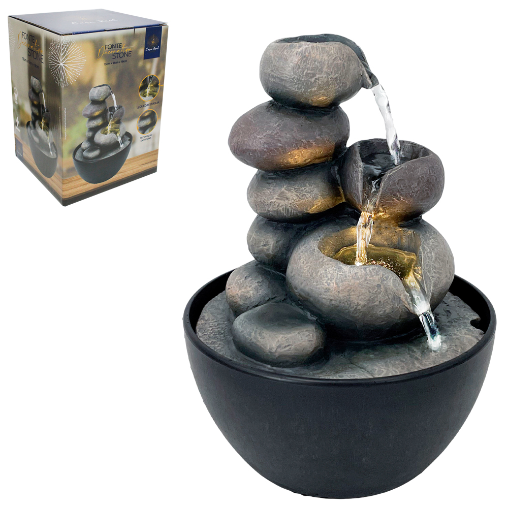 FONTE DE AGUA DECORATIVA STONE 3 QUEDAS COM LED CASAL REAL BIVOLT 18X13X13CM
