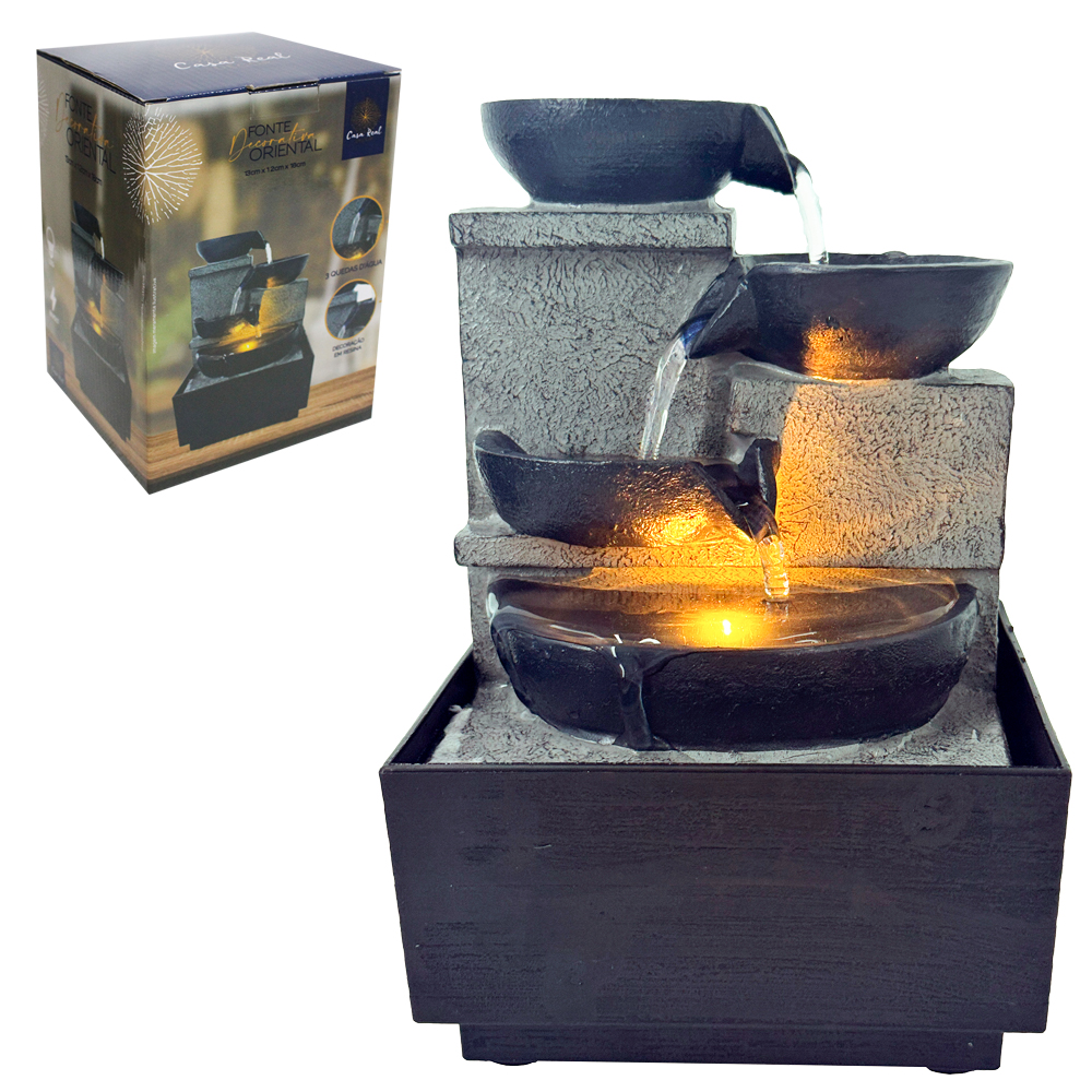 FONTE DE AGUA DECORATIVA ORIENTAL 3 QUEDAS COM LED CASAL REAL BIVOLT 18X13X12CM