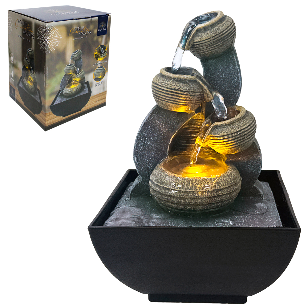 FONTE DE AGUA DECORATIVA VASOS 3 QUEDAS COM LED CASAL REAL BIVOLT 18X13X13CM
