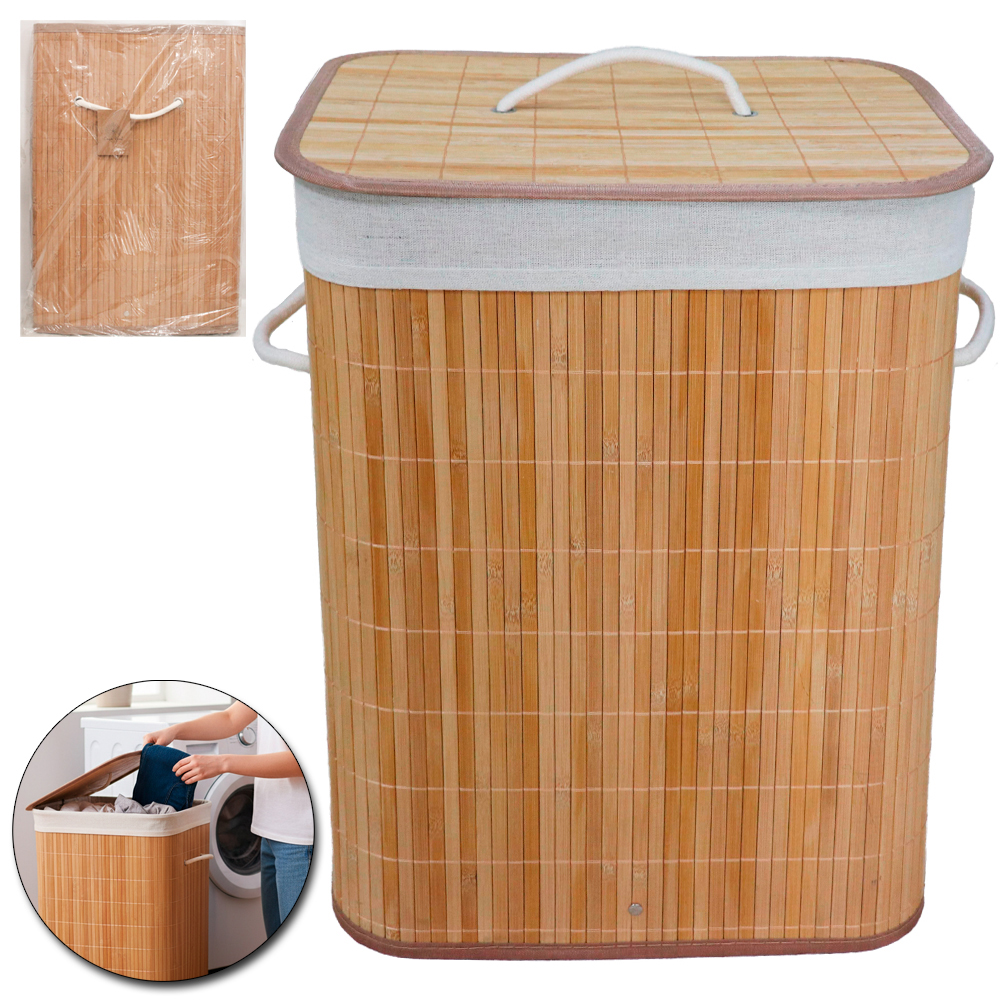 CESTO ORGANIZADOR PARA ROUPAS / ROUPEIRO DE BAMBU COM TAMPA E ALCA 60L 50X40X30CM