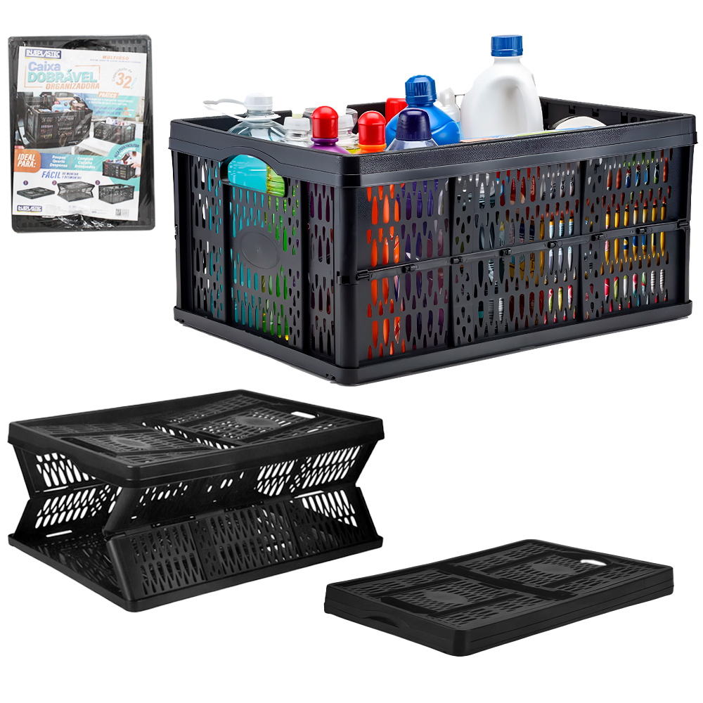 CESTO CAIXA ORGANIZADOR DE PLASTICO RETANGULAR DOBRAVEL COM ALCA 47X34X22CM