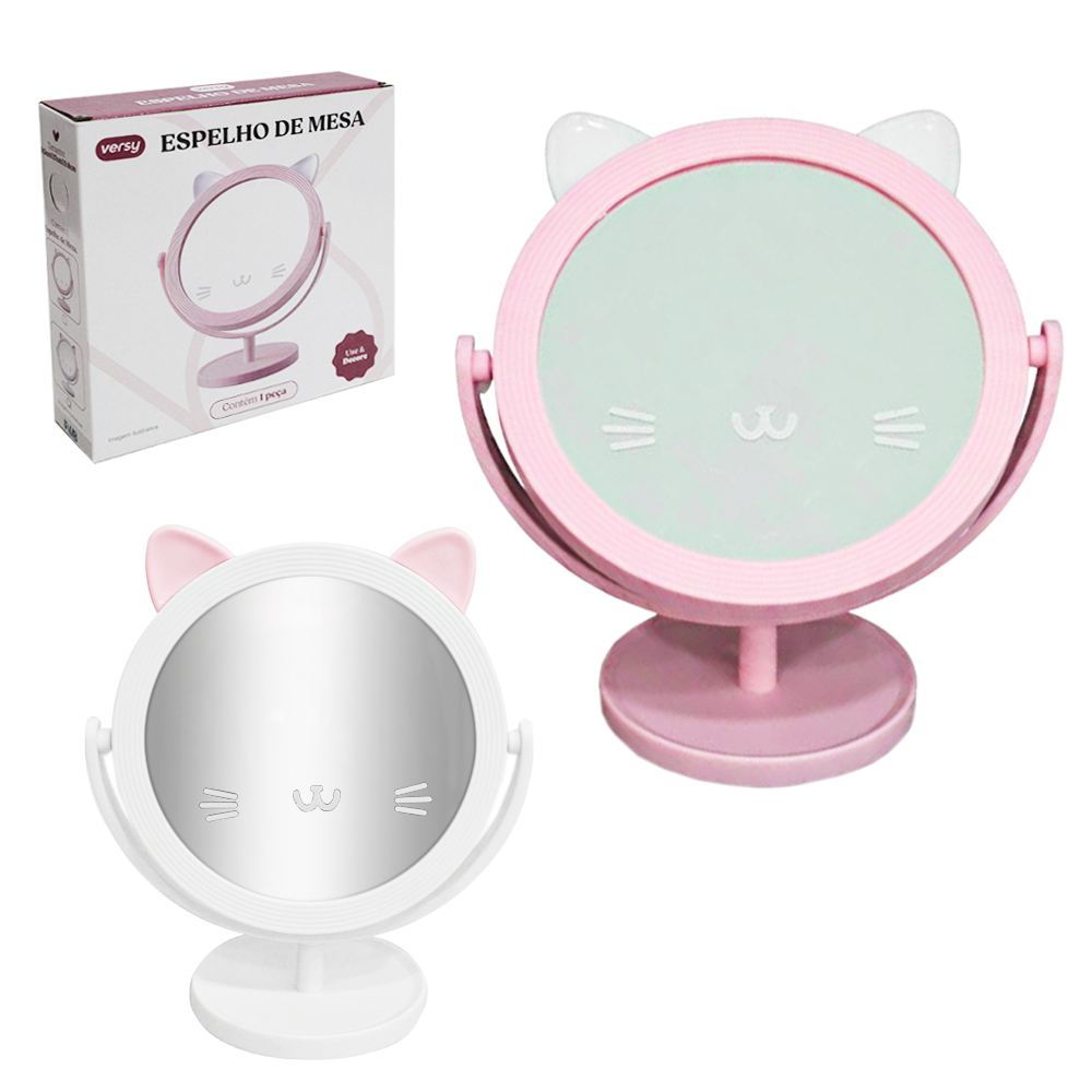 ESPELHO DE MESA REDONDO COM MOLDURA DE PLASTICO GATINHO 19,5X17X9,8CM