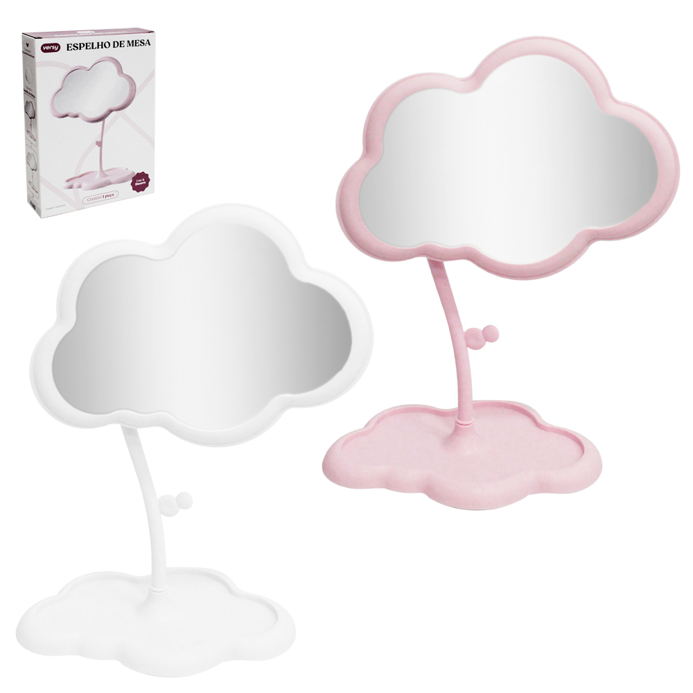 ESPELHO DE MESA NUVEM COM BASE PORTA JOIAS + GANCHO DE PLASTICO 29,5X20,5X14CM