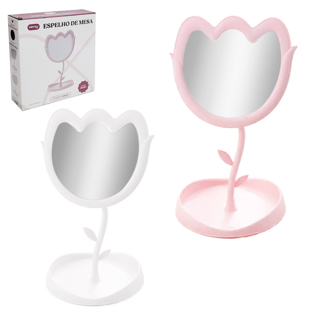 ESPELHO DE MESA TULIPA COM BASE PORTA JOIAS + 2 GANCHOS DE PLASTICO 29,5X16,5X16,5CM