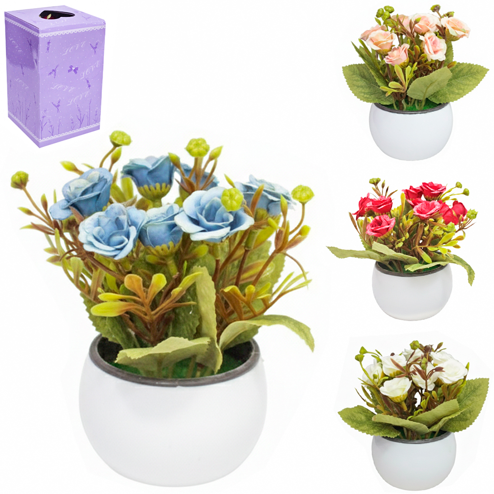 FLOR ARTIFICIAL ROSAS COM VASO DE PLASTICO REDONDO 14X6,5X5,5CM VCF