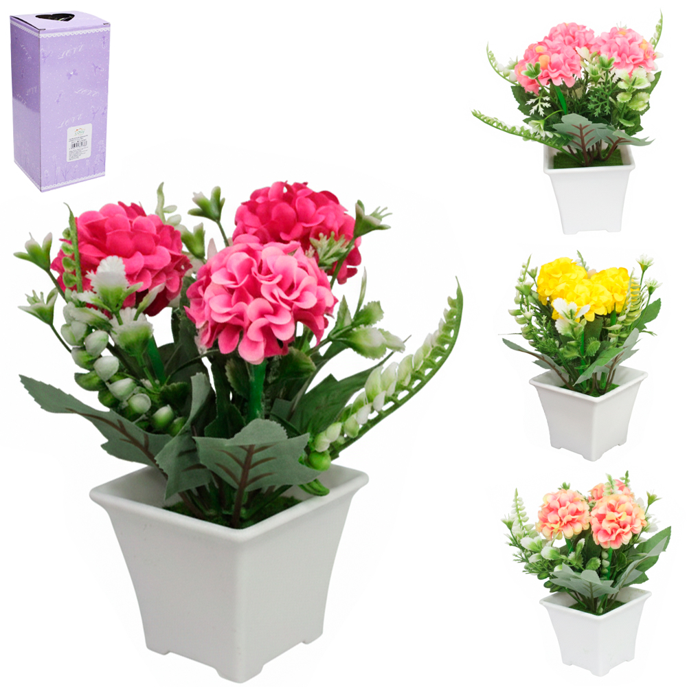 FLOR ARTIFICIAL MINI HORTENCIA COM VASO DE PLASTICO QUADRADO 18X7X5CM VCF