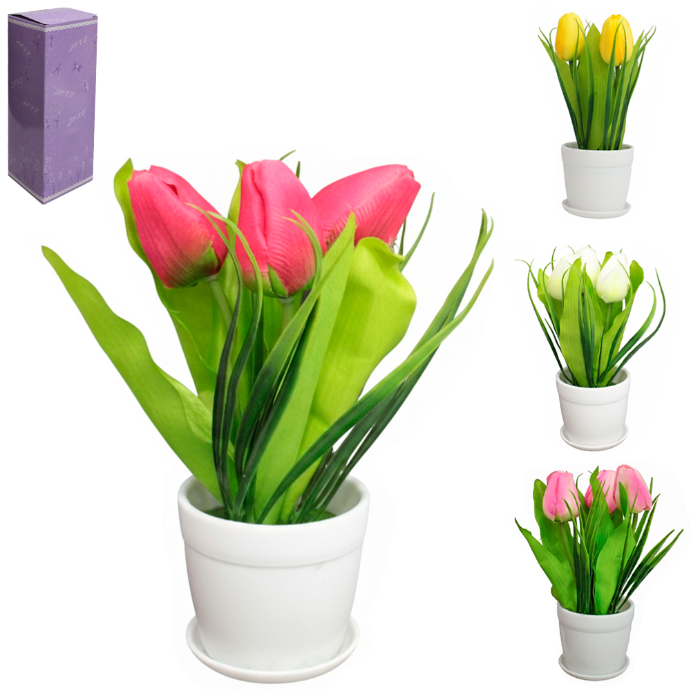 FLOR ARTIFICIAL TULIPA COM VASO E PRATINHO DE PLASTICO REDONDO 23X8X8CM VCF