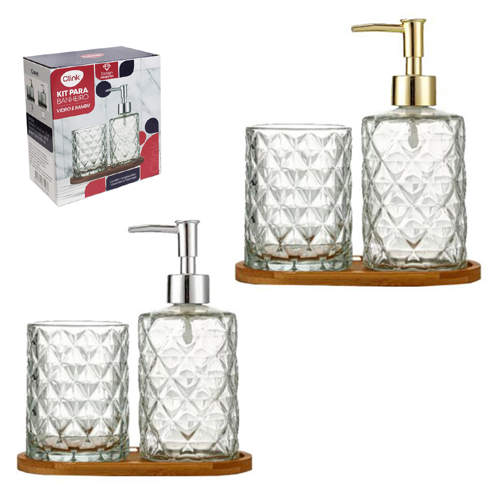 JOGO PARA BANHEIRO DE VIDRO REDONDO E SUPORTE DE BAMBU COM 3 PECAS