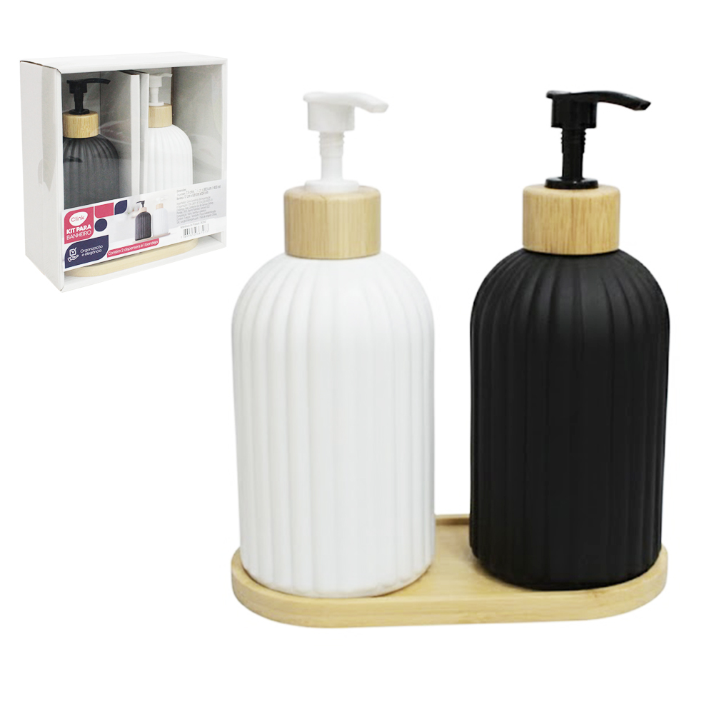 JOGO PARA BANHEIRO DE VIDRO REDONDO CANELADO PRETO / BRANCO COM GOLA E SUPORTE DE BAMBU 3 PECAS