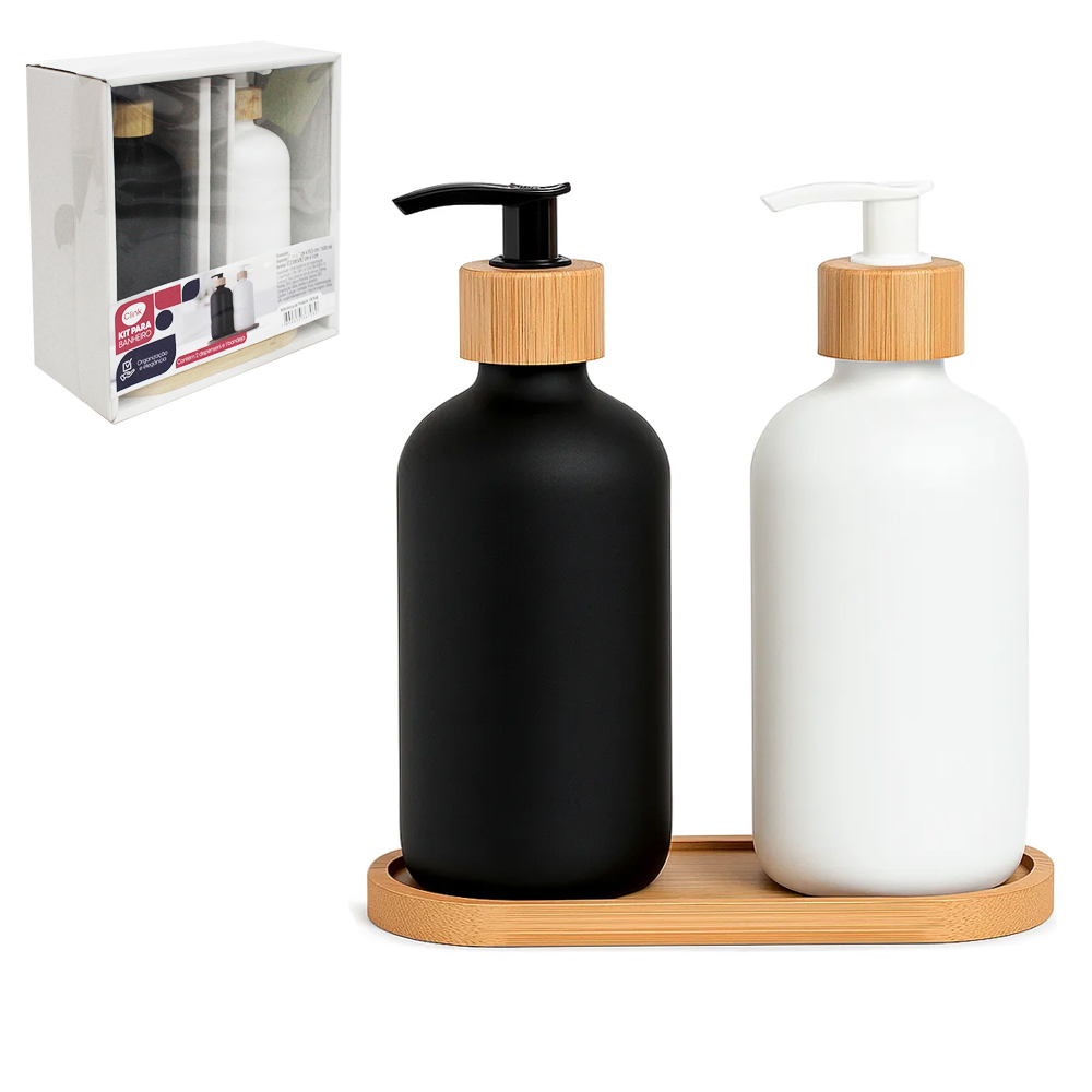 JOGO PARA BANHEIRO DE VIDRO REDONDO LISO PRETO / BRANCO COM GOLA E SUPORTE DE BAMBU 3 PECAS