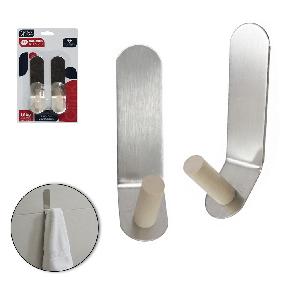 CABIDE GANCHO DE INOX MADEIRA AUTOADESIVO COM 2 PECAS 9,7X4X2,5CM