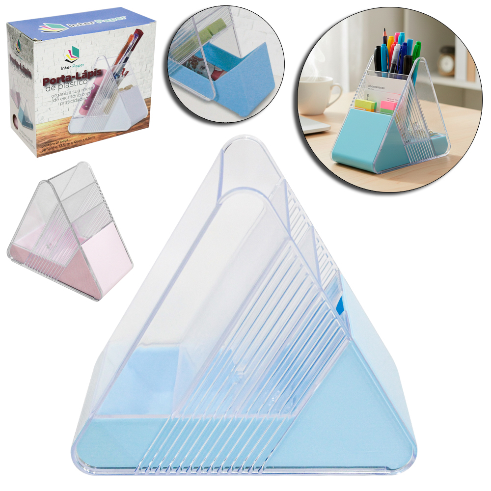 ORGANIZADOR DE MESA / PORTA CANETA / LAPIS DE PLASTICO COM 3 CAVIDADES + GAVETA INTER PAPER 13X12X6CM