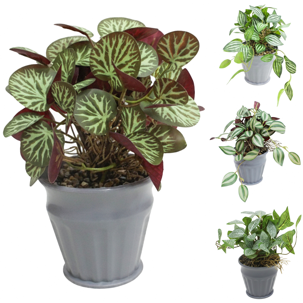 FLOR ARTIFICIAL FOLHAGEM SORTIDAS COM VASO DE PLASTICO REDONDO 12X9X6,5CM VCF