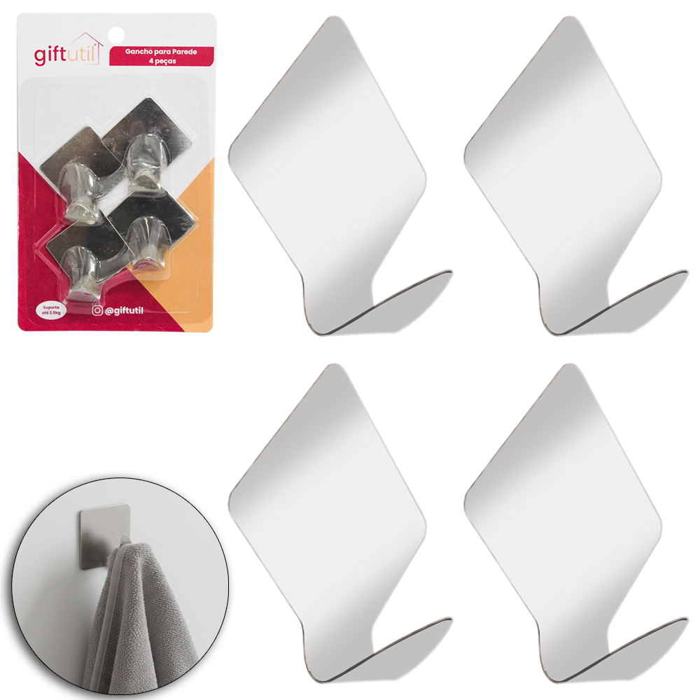 CABIDE GANCHO DE INOX LOSANGO AUTOADESIVO COM 4 PECAS 5X5CM