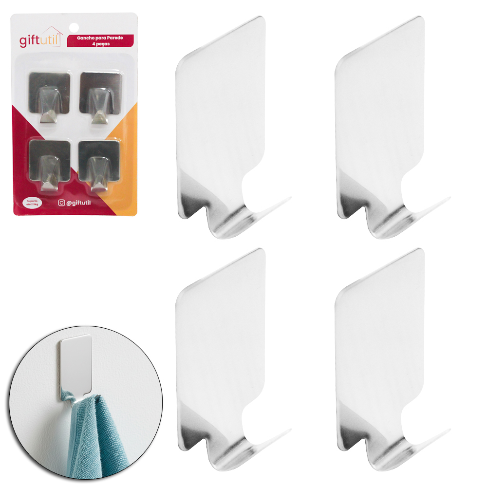 CABIDE GANCHO DE INOX QUADRADO AUTOADESIVO COM 4 PECAS 3,5X3,5CM