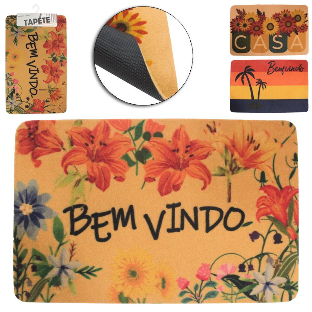 TAPETE CAPACHO DE PISO DE VELUDO RETANGULAR ANTIDERRAPANTE ESTAMPAS SORTIDAS 58X38CM