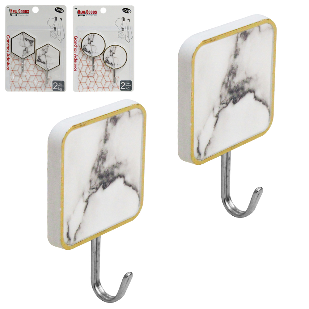 CABIDE GANCHO DE METAL QUADRADO / REDONDO / SEXTAVADO MARMORE AUTOADESIVO COM 2 PECAS