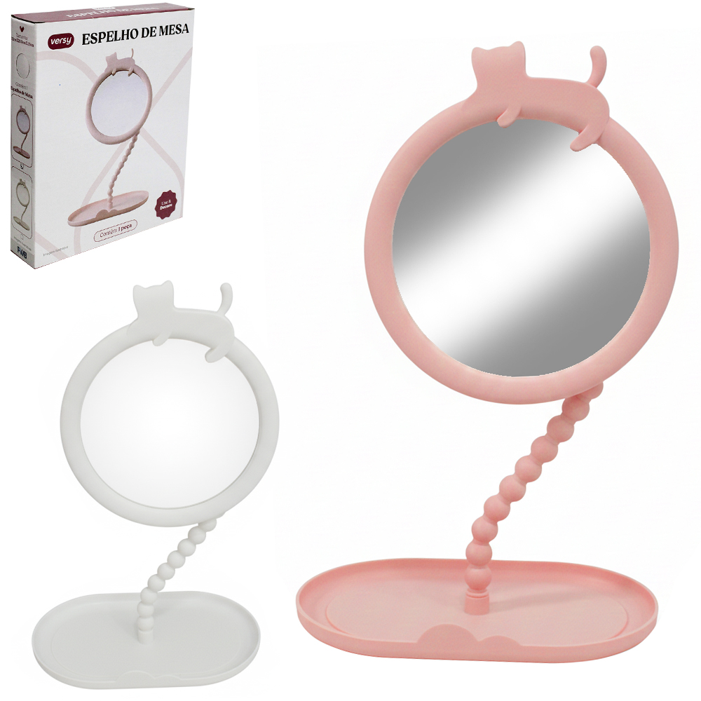 ESPELHO DE MESA REDONDO COM BASE PORTA JOIAS GATINHO VERSY 31X21X13CM