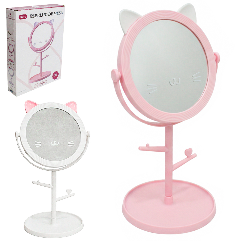 ESPELHO DE MESA REDONDO COM BASE PORTA JOIAS GATINHO VERSY 30X15X15CM