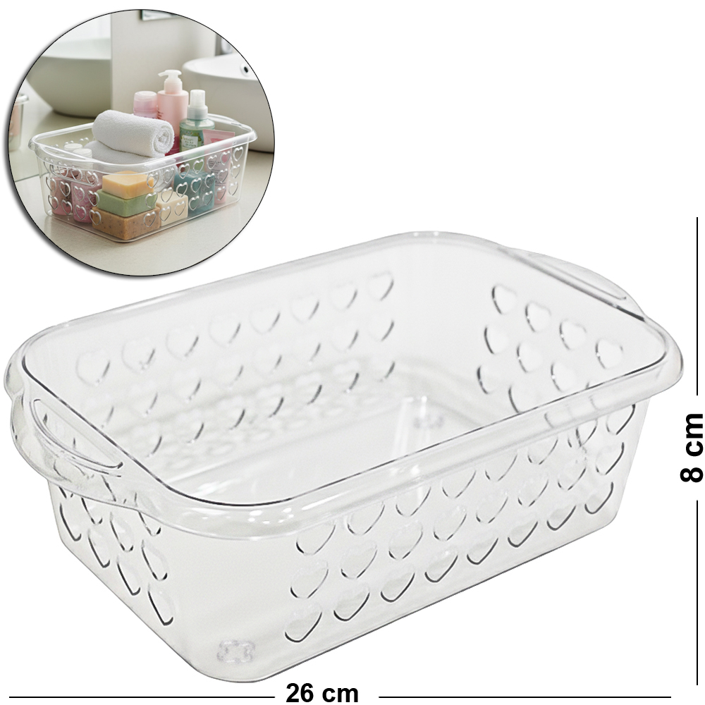 ORGANIZADOR DE PLASTICO PET FLEXIVEL RETANGULAR COM ALCA CORACAO VAZADO 26X15,5X8CM