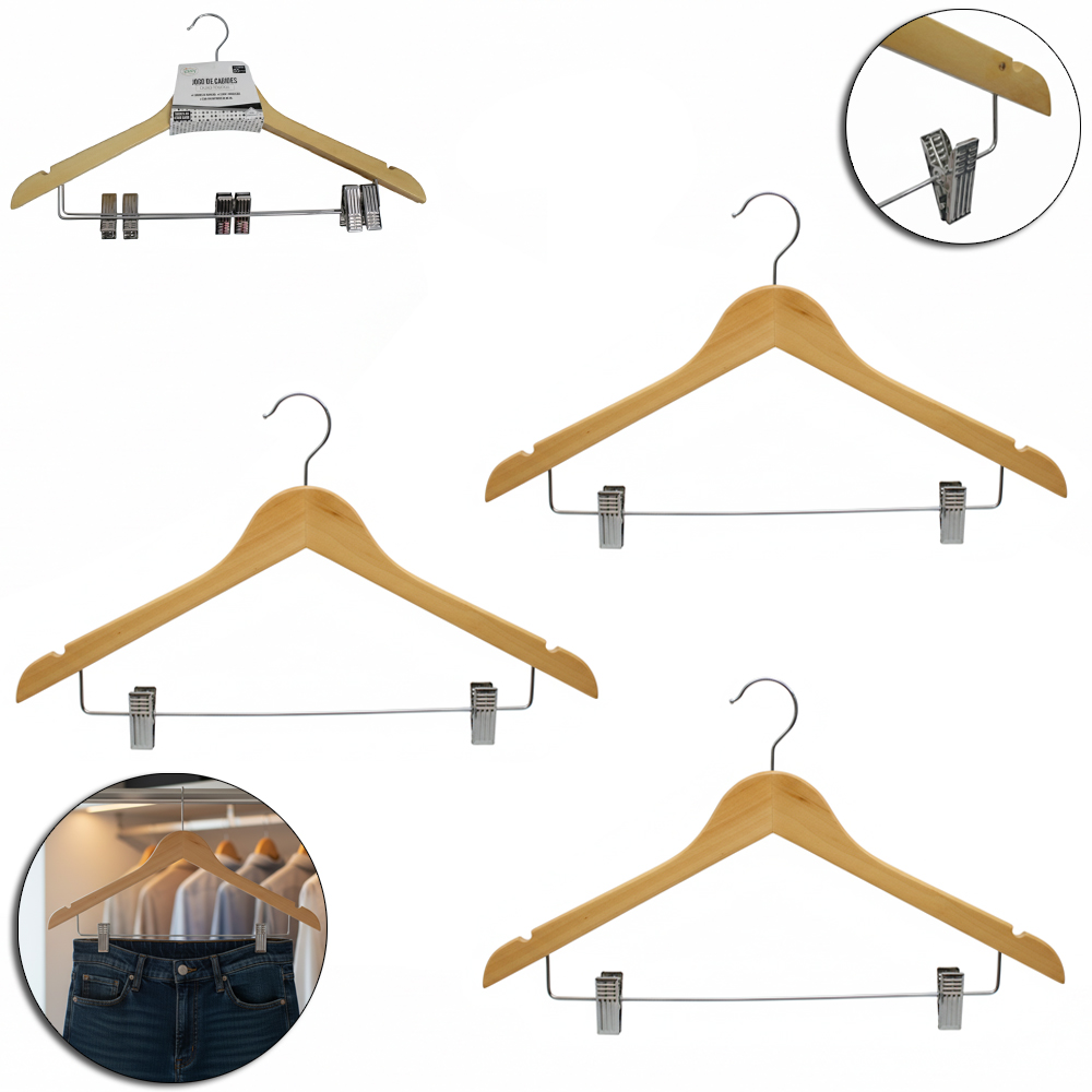 CABIDE ROUPA DE MADEIRA COM GANCHO + PRESILHA DE METAL 3 PECAS 44X23CM 11MM