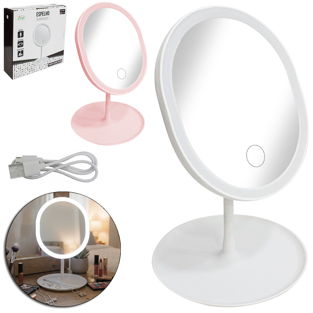 ESPELHO DE MESA REDONDO COM TOUCH + LED E BASE PORTA OBJETOS USB 28,5X18,5CM