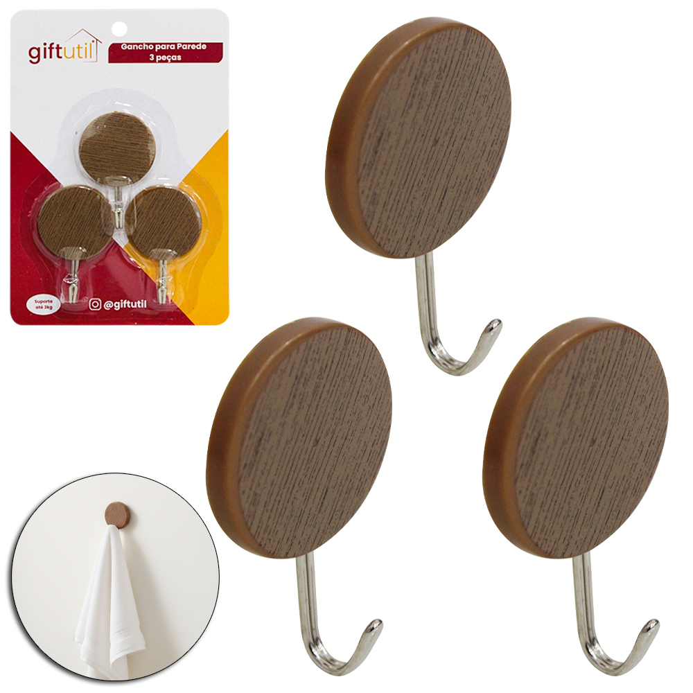 CABIDE GANCHO DE METAL REDONDO TIPO MADEIRA AUTOADESIVO COM 3 PECAS 7X4CM DE Ø