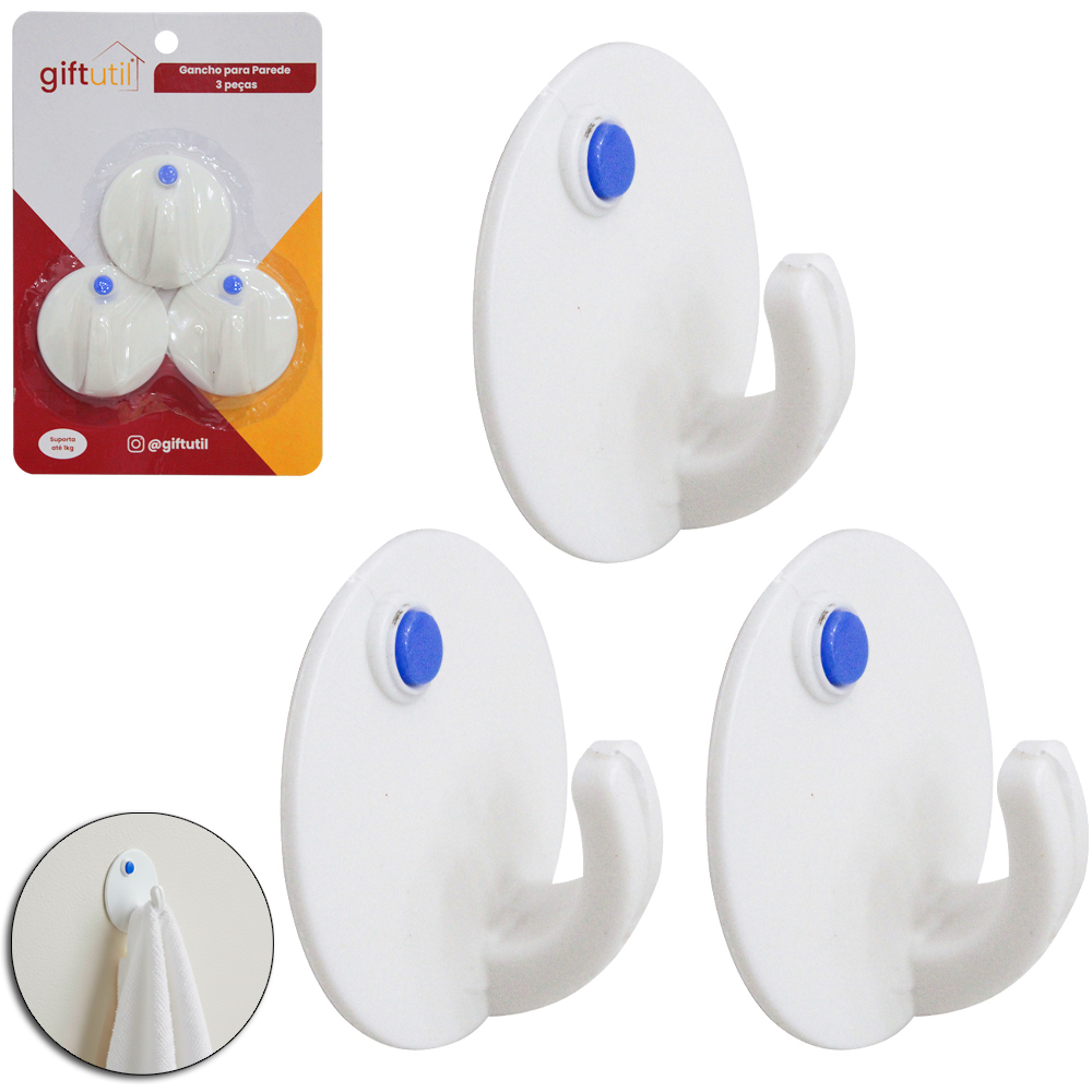 CABIDE GANCHO DE PLASTICO REDONDO AUTOADESIVO COM 3 PECAS 5X5CM