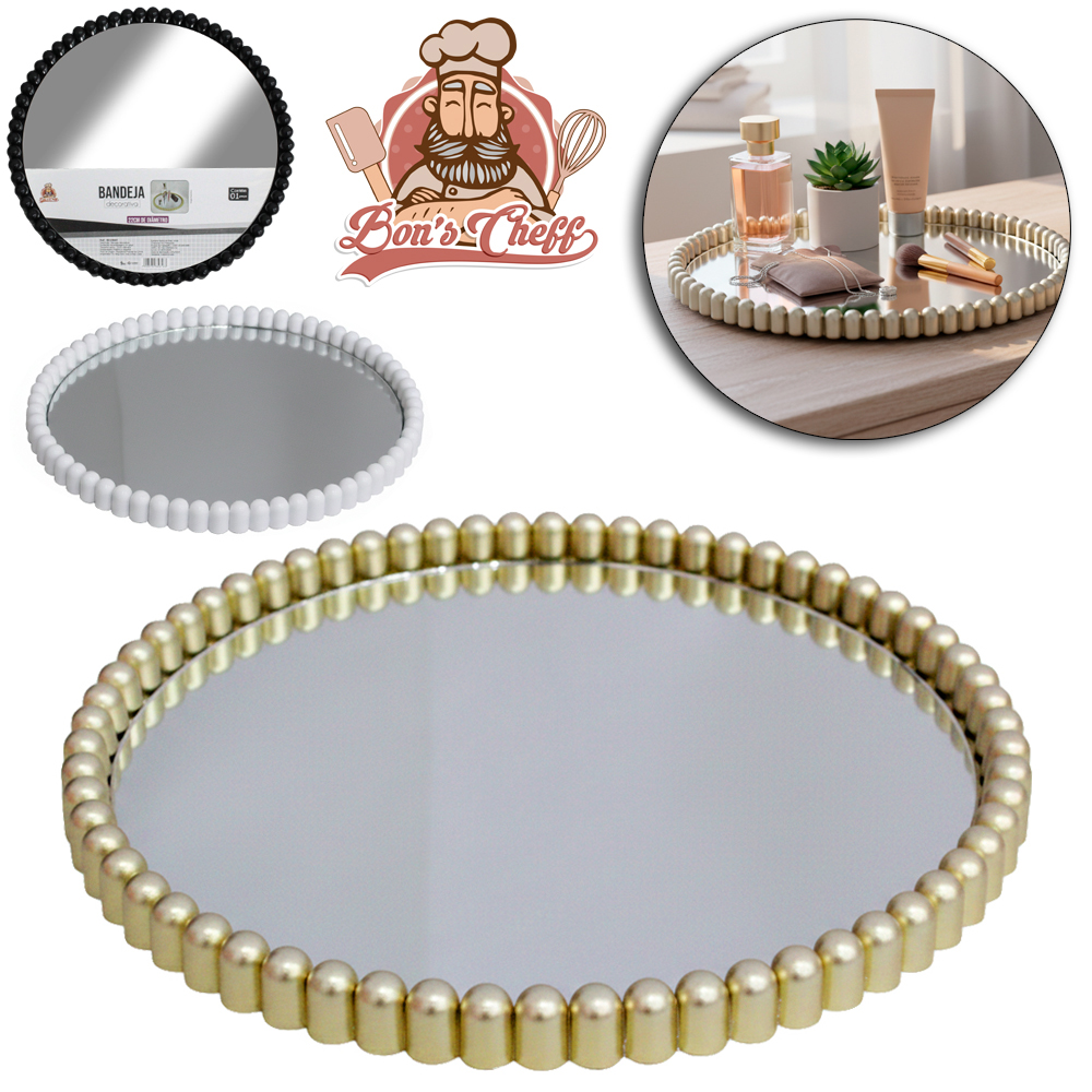 BANDEJA DE PLASTICO COM ESPELHO REDONDO DECORATIVA 1,5X22CM DE Ø