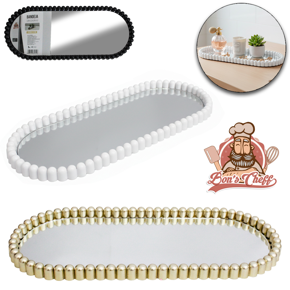 BANDEJA DE PLASTICO COM ESPELHO OVAL DECORATIVA 31X13,5X1,5CM