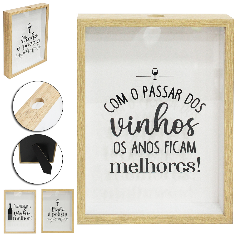 QUADRO PORTA ROLHA / TAMPINHA DE MADEIRA MDF 31X22,5X4,5CM