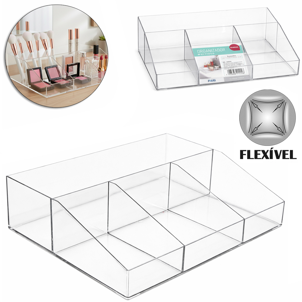 ORGANIZADOR DE PLASTICO PET FLEXIVEL RETANGULAR MULTIUSO COM 4 DIVISORIAS INOVA 22,5X17X6CM