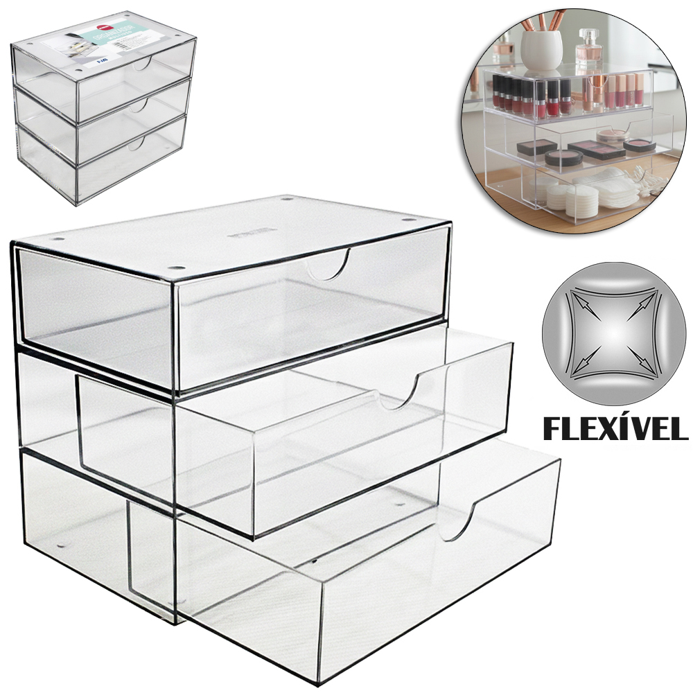 ORGANIZADOR DE MESA DE PLASTICO PET FLEXIVEL RETANGULAR MULTIUSO COM 3 GAVETAS INOVA 17X15X11CM