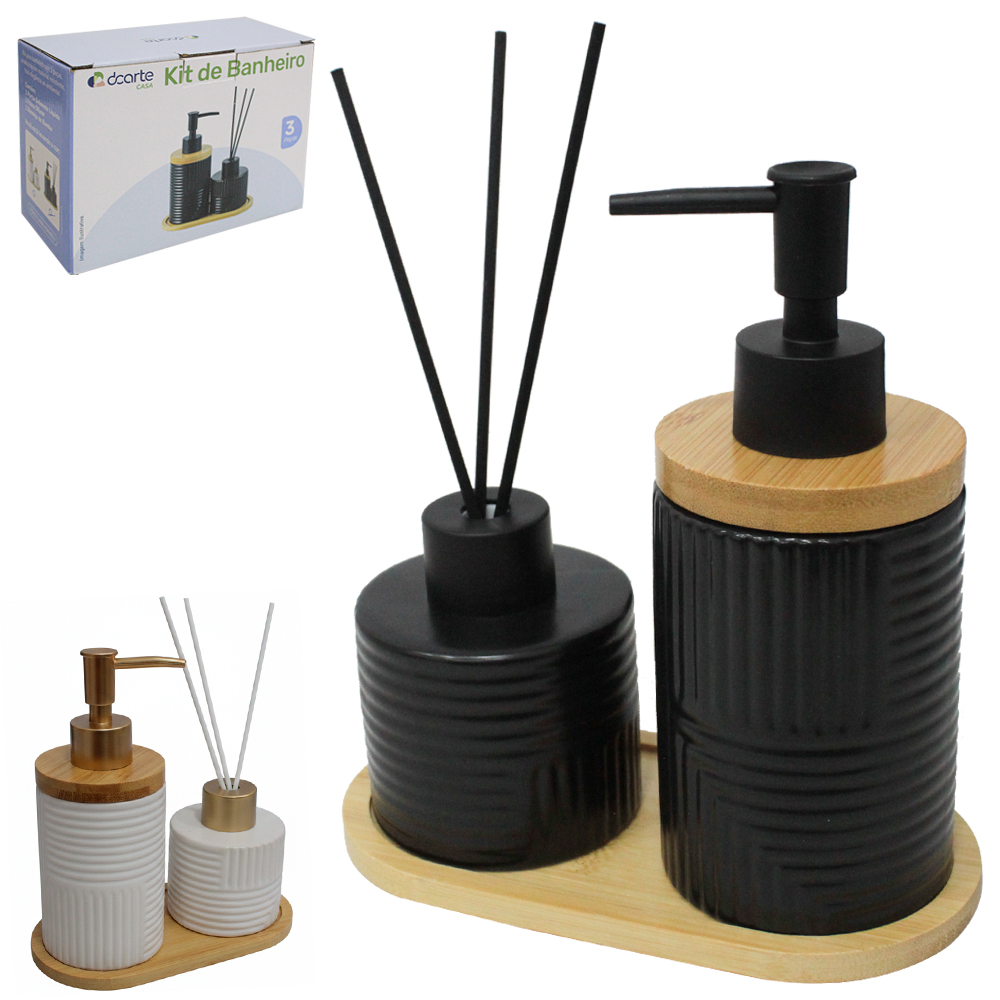 JOGO PARA BANHEIRO DE PORCELANA PRETO / BRANCO COM SUPORTE DE BAMBU 3 PECAS 290/150ML