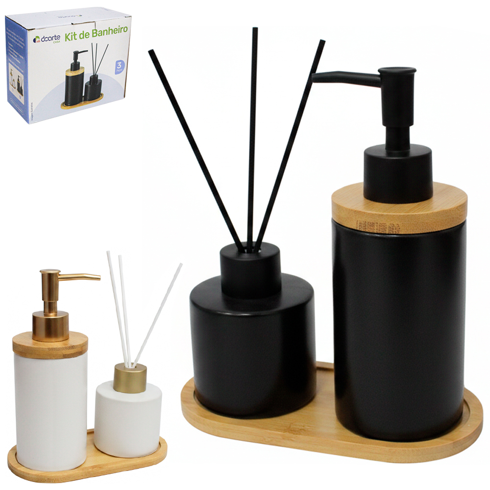 JOGO PARA BANHEIRO DE PORCELANA PRETO / BRANCO COM SUPORTE DE BAMBU 3 PECAS 290/150ML