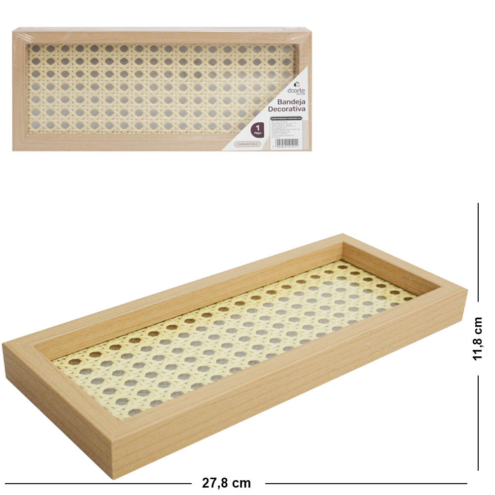BANDEJA DE PLASTICO TIPO MADEIRA COM FUNDO DE VIDRO RETANGULAR DECORATIVA DECOR 27,8X11,8X2,5CM