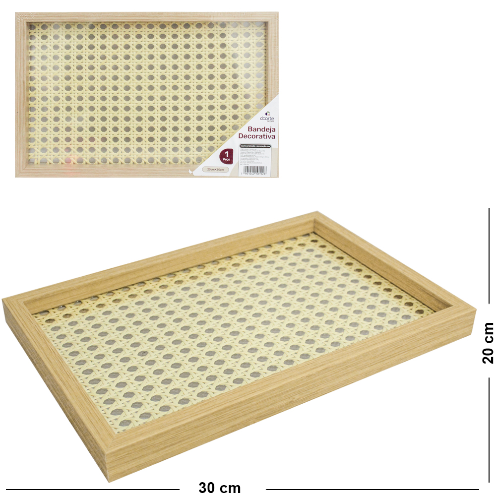 BANDEJA DE PLASTICO TIPO MADEIRA COM FUNDO DE VIDRO RETANGULAR DECORATIVA DECOR 30X20X2,5CM