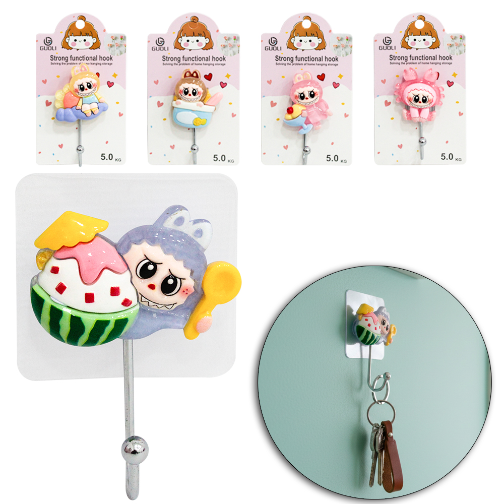 CABIDE GANCHO DE METAL QUADRADO LABUBU AUTOADESIVO TRANSPARENTE 9,5X6,5X3,5CM