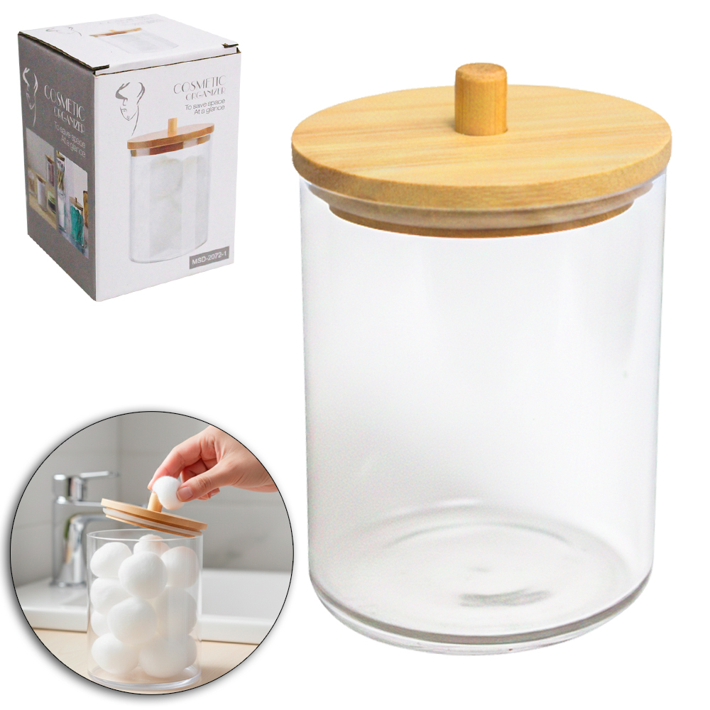 ORGANIZADOR PORTA COTONETE DE ACRILICO REDONDO COM TAMPA DE BAMBU 10X7CM DE Ø