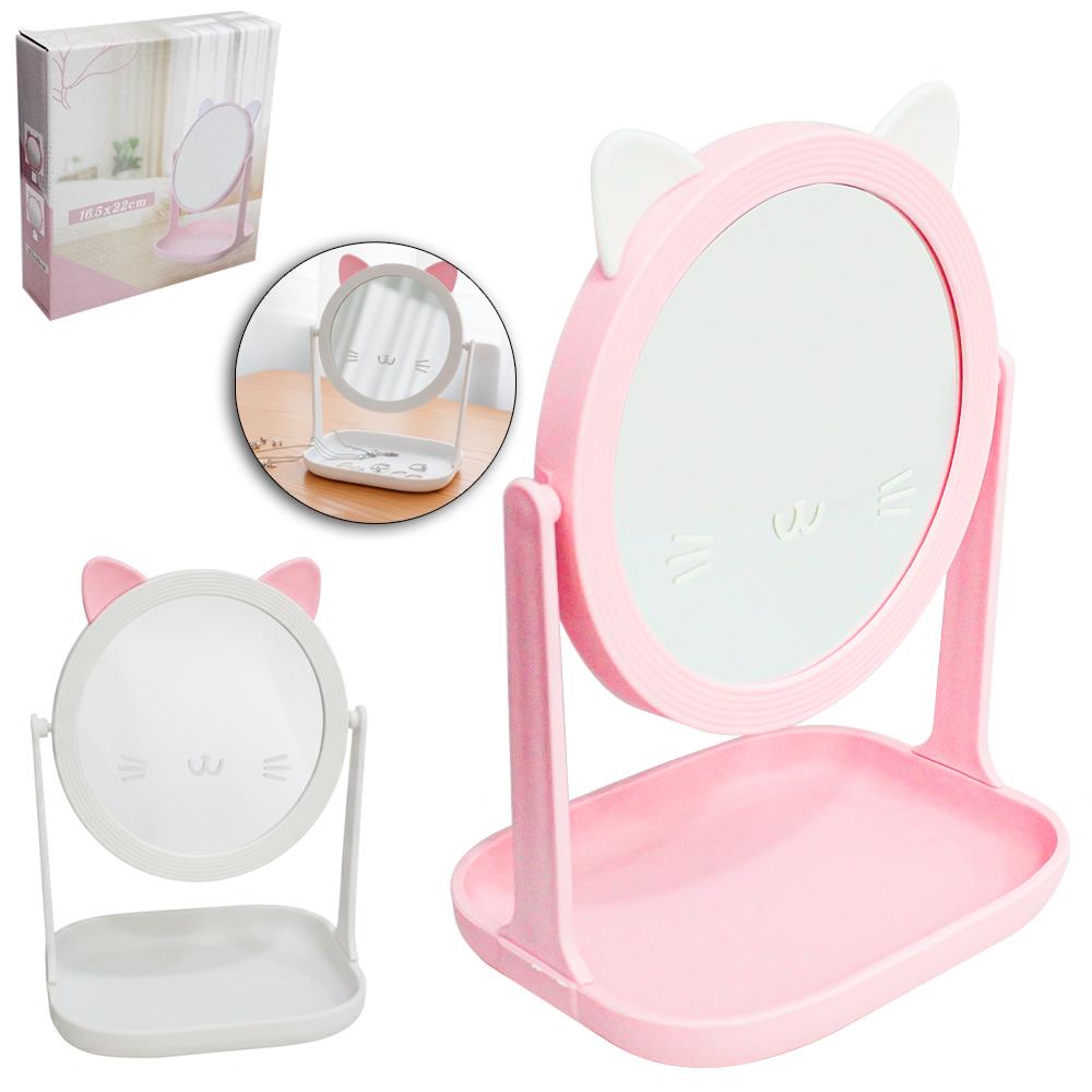 ESPELHO DE MESA REDONDO COM BASE PORTA JOIAS DE PLASTICO GATINHO 22X16,5X12CM