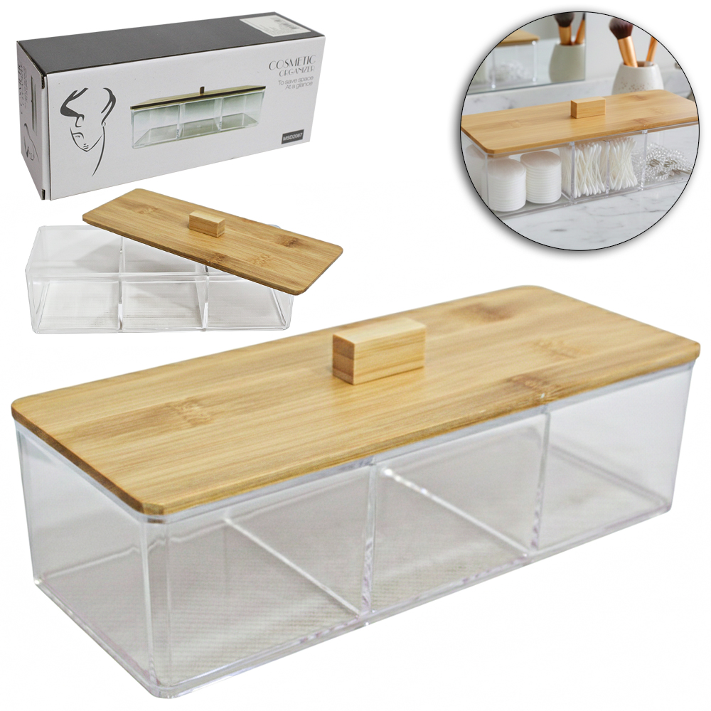 CESTO ORGANIZADOR PORTA ALGODAO / COTONETE / ESPONJA PARA MAQUIAGEM DE ACRILICO RETANGULAR 3 DIVISORIAS + TAMPA BAMBU