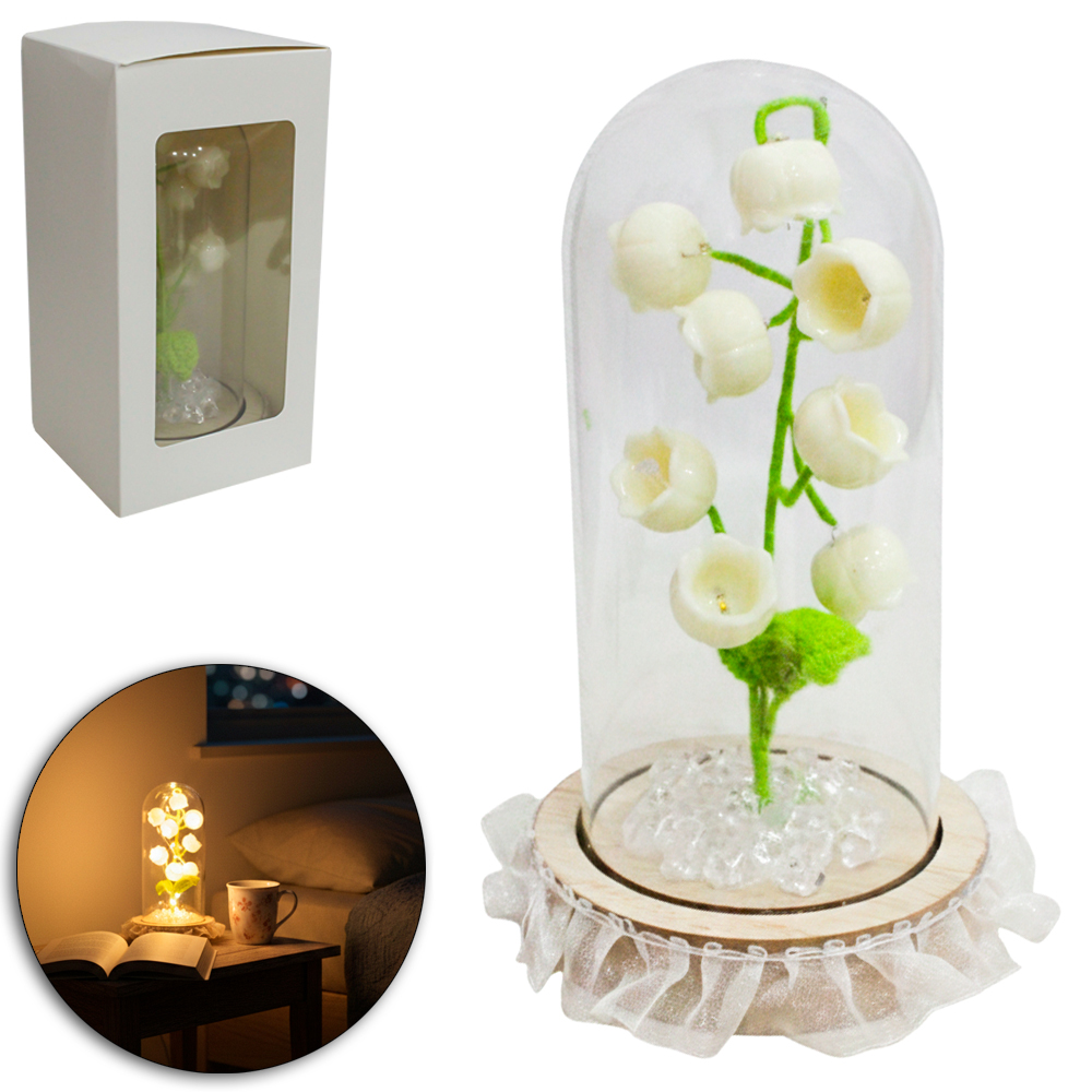 ENFEITE CUPULA COM FLOR ARTIFICIAL TULIPA DE CROCHE / PLASTICO + MICRO LED E BASE MADEIRA MDF A BATERIA