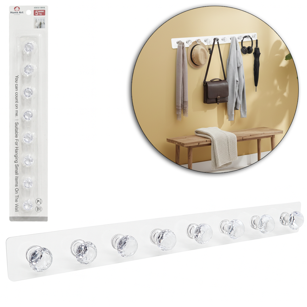 CABIDE GANCHO DE ACRILICO RETANGULAR COM 8 GANCHOS AUTOADESIVO TRANSPARENTE 34X3,5X2CM