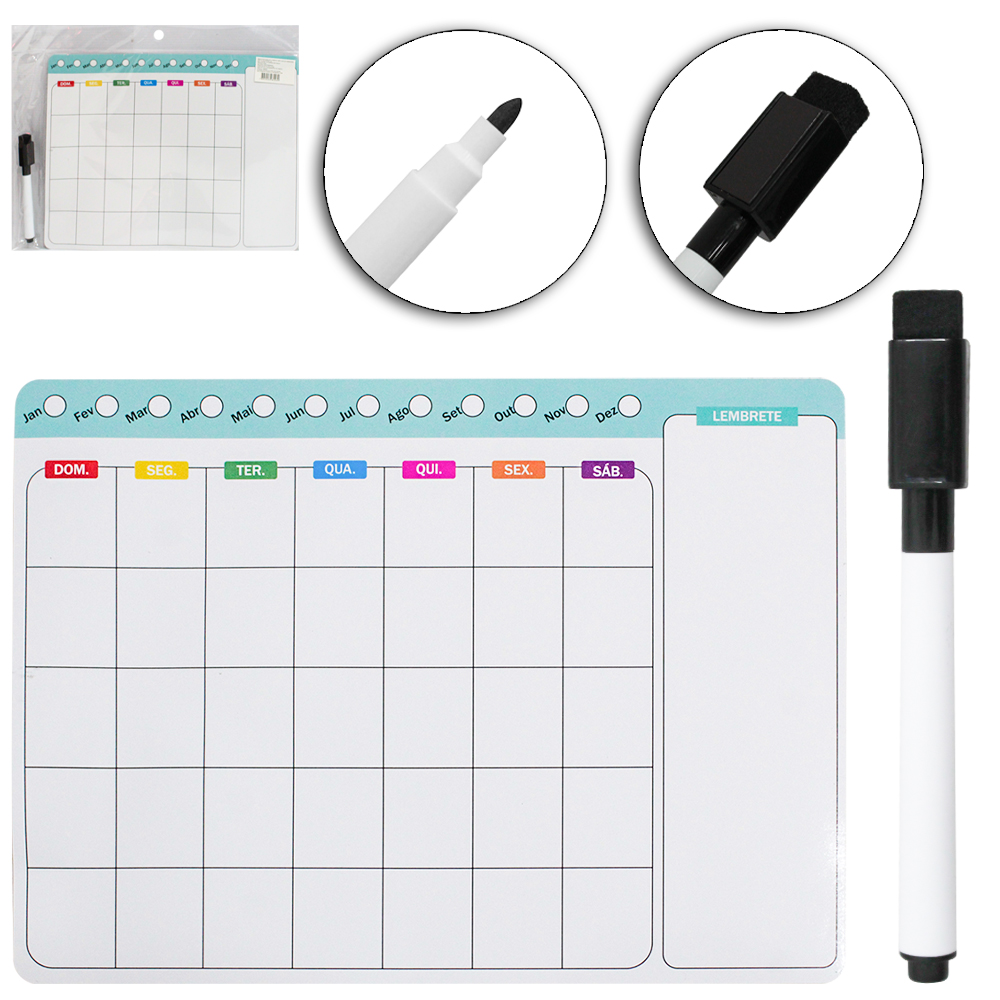QUADRO PORTA RECADO MAGNETICO PLANEJAMENTO ANUAL + CANETA COM APAGADOR 28X21CM